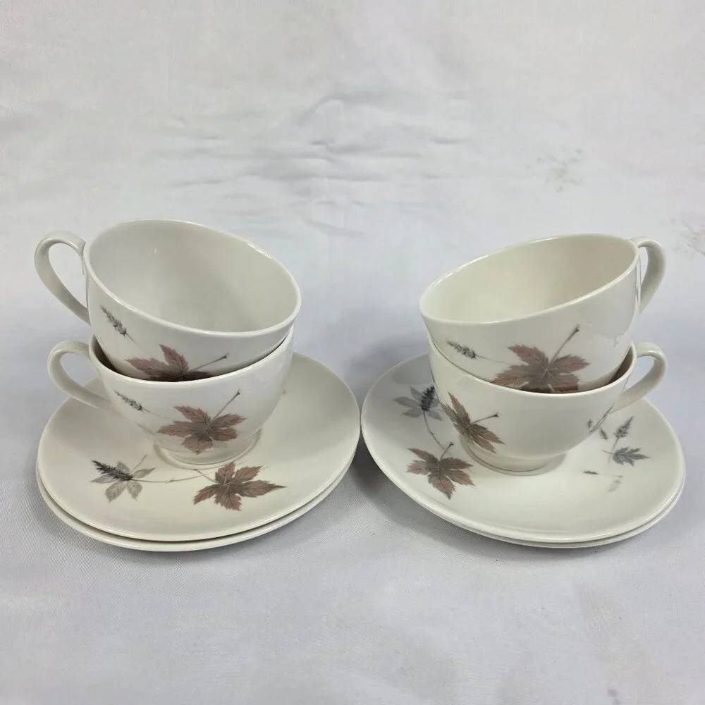 FOUR Royal Doulton Tumbling Leaves Cup & Saucer Sets Gray & Pink Leaves